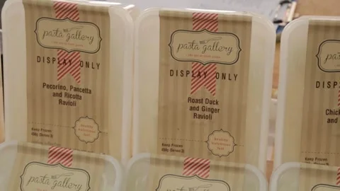 Assorted Packaged Ravioli Varieties on Display at Indoor Sydney Market Food Stock Footage 345708280