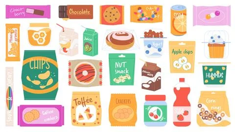 Assorted packaged snacks and drinks set Stock Illustration