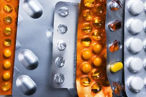 Assorted packets or blisters of various pills. Foto stock