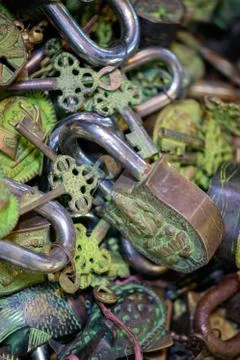 Assorted padlocks and keys Stock Photos