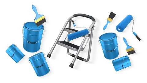 Assorted painting tools including rollers, brush, spray can, helmet, and step Stock Illustration