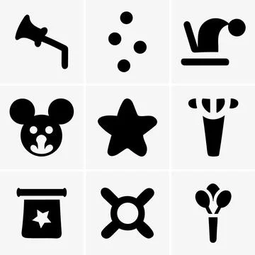 Assorted party icons feature various shapes including horn, dots, jester's ha Stock Illustration