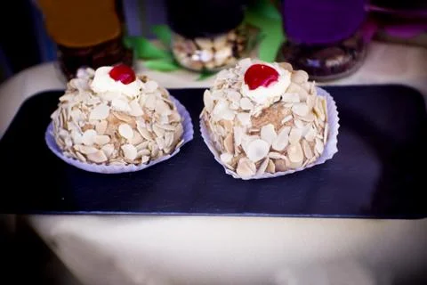 Assorted pastries and sweets placed in a bakery display 스톡 사진