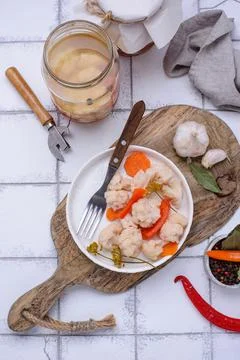 Assorted of pickled vegetables in jars Stock Photos