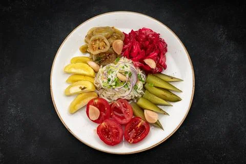Assorted pickled vegetables on a plate Stock Photos