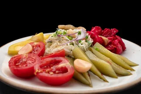 Assorted pickled vegetables on a plate Stock Photos