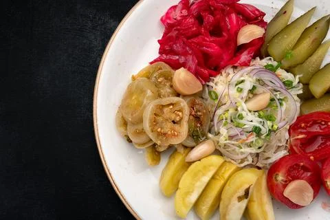 Assorted pickled vegetables on a plate Stock Photos