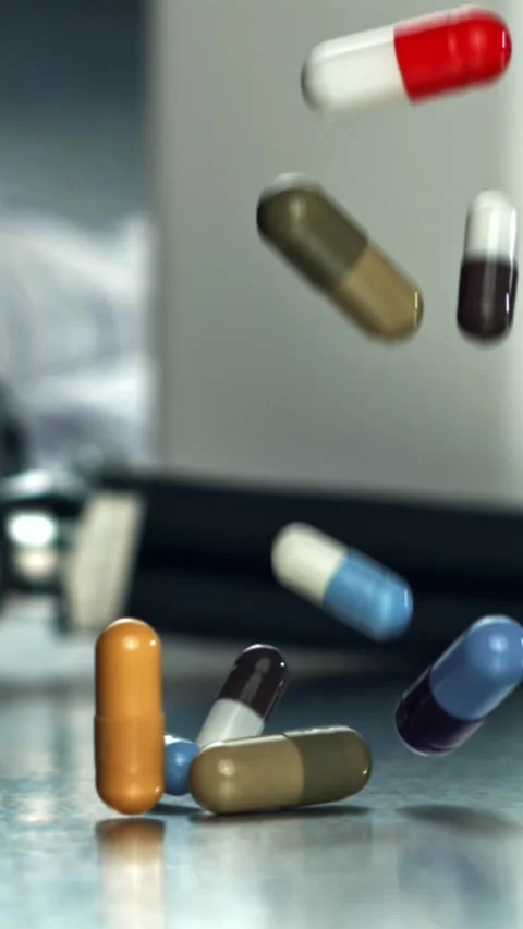 Assorted pills fall by stethoscope on counter Filmed on a high-speed camera at Video stock 335395848