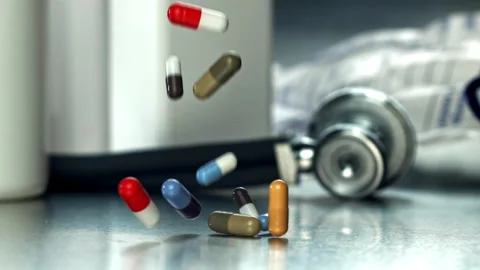 Assorted pills fall by stethoscope on counter Filmed on a high-speed camera at Video stock 335422174