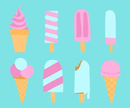 Assorted pink and white ice cream and popsicle illustrations in pastel tones Stock Illustration