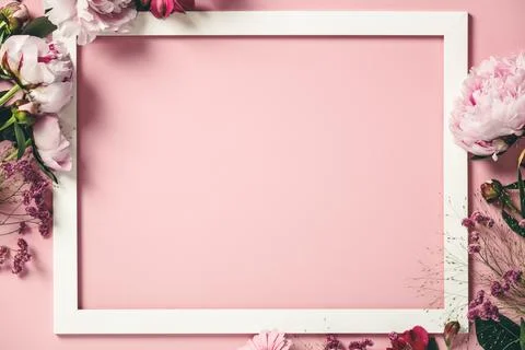 Assorted pink flower and white frame border on pink background, flat lay Stock Photos