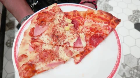 Assorted Pizza Slices on White Plate with Red Border Detail Stock Footage 344830892