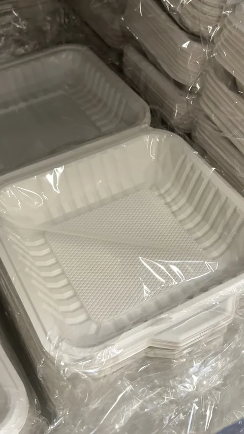 Assorted plastic storage containers and packaging boxes displayed on retail Stock Footage 345173773