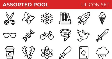 Assorted Pool UI Icon Set with Various Objects and Symbols. Stock Illustration