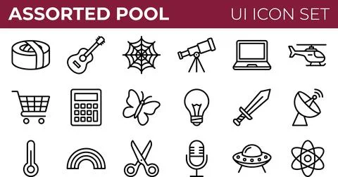 Assorted Pool UI Icon Set - Diverse Collection of Outline Icons for Web and.. Stock Illustration