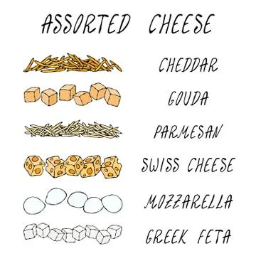 Assorted Popular Cheese Kinds Set. Grated Chedder, Parmesan, Gouda, Swiss, Feta Stock Illustration
