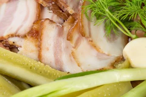 Assorted pork fat with pickles. Stock Photos