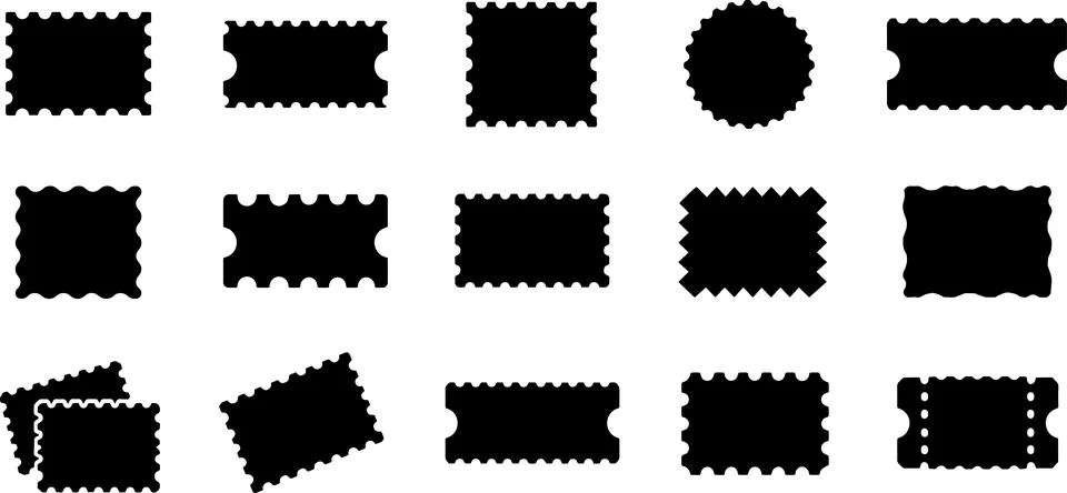Assorted postage stamp frame shapes and perforated ticket silhouettes for m.. Stock Illustration