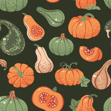 Assorted Pumpkins Seamless Pattern Flat Vector. Thanksgiving, Harvest Festival Stock Illustration