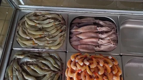 Assorted raw fish in a restaurant kitchen waiting to be prepared Stock Footage 89790674