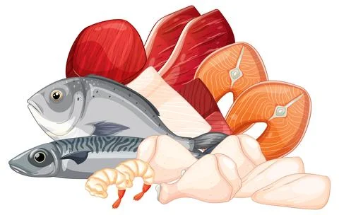 Assorted Raw Meat and Seafood Vector Illustration Illustrazione stock