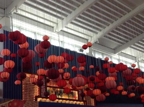 Assorted Red Lanterns Hanging in Houston International Airport Stock Photos