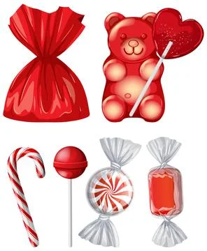 Assorted Red Sweets Including Gummy Bear Lollipop and Candy Cane Stock Illustration