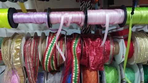 Assorted Ribbons Display On A Shelf Stock Photos