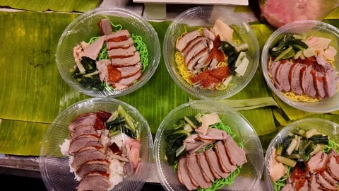 Assorted Roasted Duck Noodle and Rice Bowls Displayed at Thai Street Food Market Stock-Footage 335998868