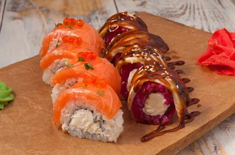 Assorted rolls with salmon eel and cream cheese Stock Photos
