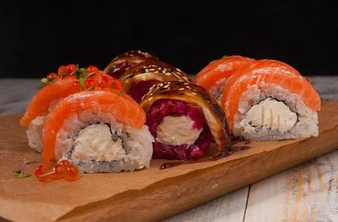 Assorted rolls with salmon eel and cream cheese Stock Photos