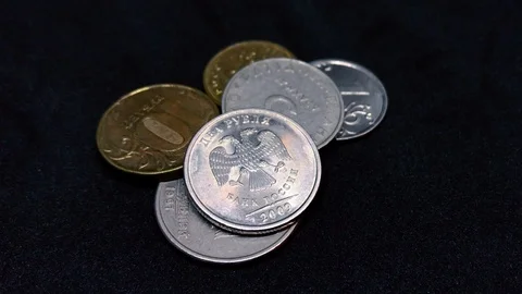 Assorted Russian Rubles Coins Turning on Black - RUB Stock Footage 116799541
