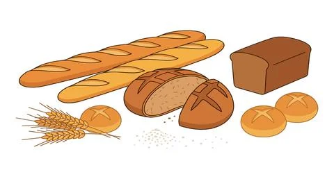 Assorted rustic bread loaves and rolls with wheat stalks baked goods baguette Illustration