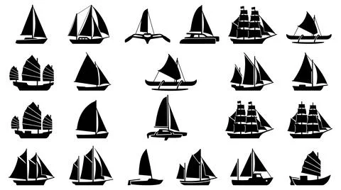 Assorted sailing vessel silhouettes collection various nautical boat designs 스톡 일러스트