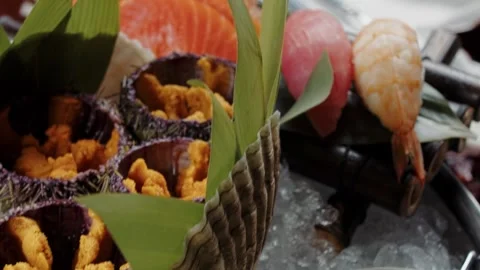 Assorted sashimi platter with salmon, tuna, and shrimp Stock Footage 302489911