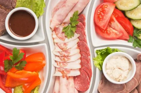 Assorted sausages and vegetables 스톡 사진