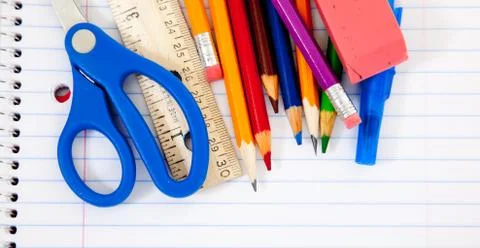 Assorted school supplies with notebooks Stock Photos