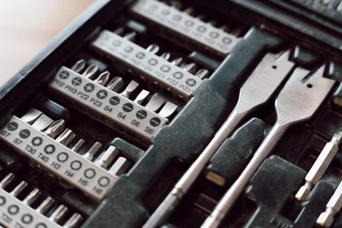 Assorted Screwdriver Bits in Organized Tool Case Foto stock