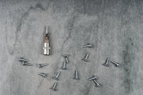 Assorted screws and a light bulb on a gray surface Stock Photos