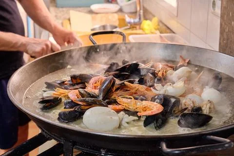 Assorted seafood in a frying pan 스톡 사진