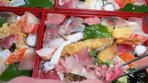 Assorted seafood sashimi bento box top view, takeout catering, Japan Stock-Footage 344703874