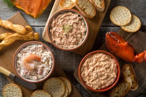 Assorted Seafood Spreads and Dips Stock Photos