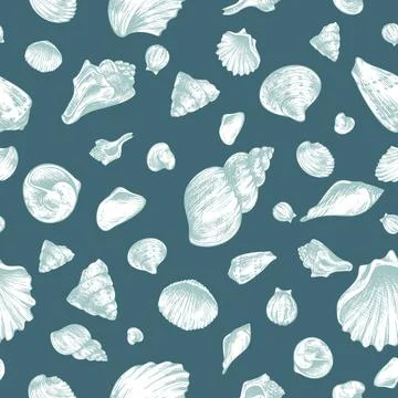 Assorted seashells scattered on deep blue background in seamless arrangement Illustrazione stock