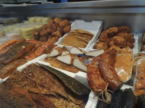 Assorted selection of smoked fish in fish shop Stock Photos