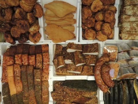 Assorted selection of smoked fish in fish shop Stock Photos
