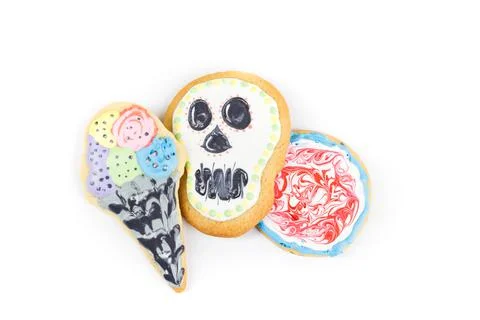 Assorted shapes decorated with royal icing, sugar cookie isolated over white Stock Photos
