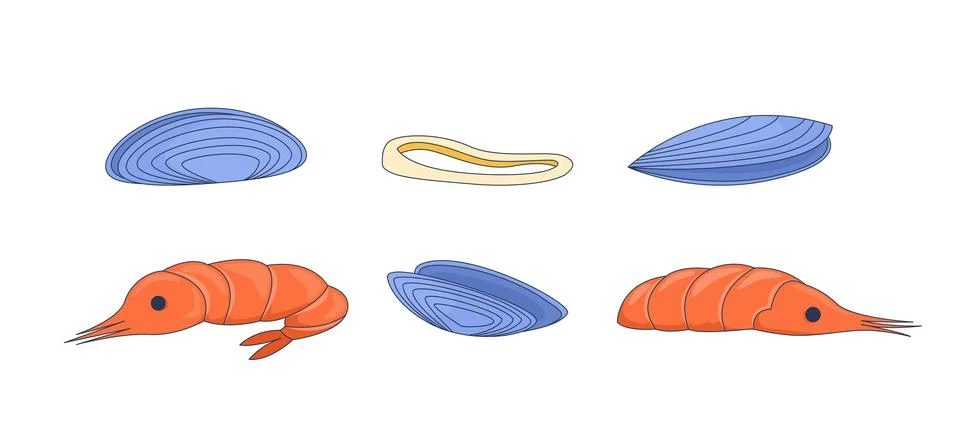Assorted shellfish and shrimps 2D cartoon objects set Stock Illustration