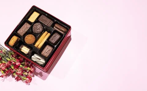 Assorted Shortbread Belgian Cookie In Red Box On Pink Background With Fresh Stock Photos