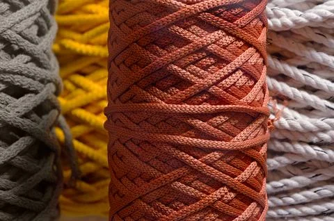 Assorted skeins of multi-colored braided synthetic cord Stock Photos