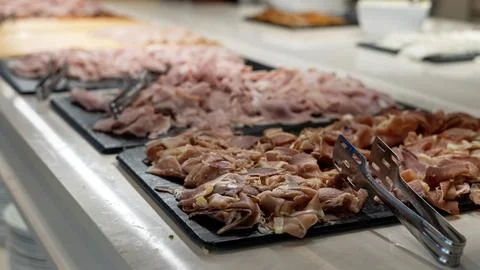 Assorted Sliced Ham and Prosciutto at Hotel Breakfast Buffet Stock Photos